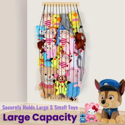 Vista 5 de Almacenamiento de animales de peluche, paquete de 2 unidades de almacenamiento de madera suave para habitación de los niños, montaje en pared