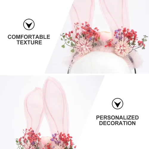 Vista 6 de Beaupretty Diadema de orejas de conejo, diadema larga con orejas de conejo con flores, orejas de conejo de Pascua, conejo, cosplay, accesorios