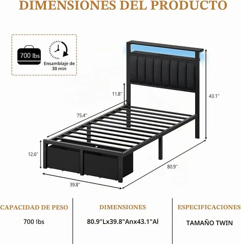 Vista 2 de Furnulem Bases de Cama Individual con Estación de Carga y Luces LED, Cabecero Tapizado Gris con Estantes, Cama de Plataforma de Metal con 2