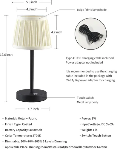 Vista 5 de PUSU Juego de 2 lámparas de mesa LED inalámbricas negras, lámpara de cabecera recargable de 4000mAh regulable de 3 vías con pantalla de tela