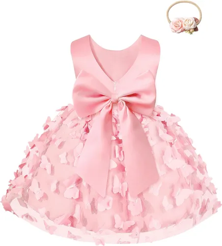 Vista 2 de Qaoerde Baby Flower Girl Dress with Headband,Bowknot V-Back Baby Girl Tutu Dresses for Wedding Birthday Party Holiday