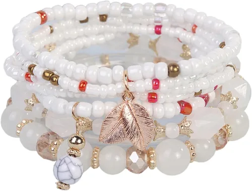 Vista 19 de 4 piezas de juego de pulseras bohemias apilables de múltiples capas con cuentas de cristal coloridas, pulseras elásticas con cuentas de oro Verde