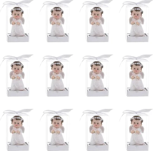 Vista 3 de Figura de recuerdo, 12 piezas, ángel blanco con cordero, decoraciones impresionantes o recuerdos de fiesta, para bautismo, primera comunión