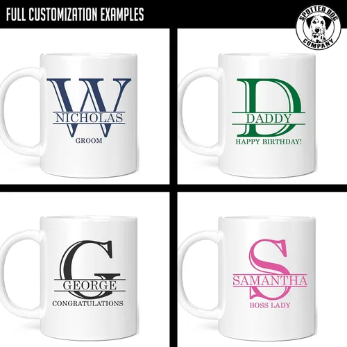 Vista 3 de Taza de café personalizada de cerámica blanca de 11 onzas con texto personalizado y iniciales de nombre, Halpert, DYE Taza para Cafe personalizadas