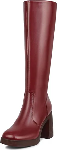 Vista 7 de SOVANYOU Botas de cuero negro Botines de plataforma para mujer Botas de tacón cuadrado con plataforma Botas de tacón grueso con punta cuadrada Botas