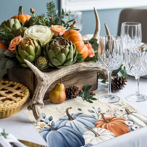 Vista 8 de Juego de 4 manteles individuales de otoño con diseño de calabaza azul, hojas florales, manteles individuales de otoño, lavables, cosecha, Acción
