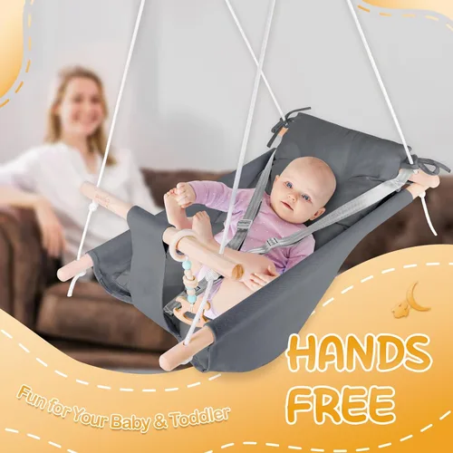 Vista 5 de Columpio para bebé interior y exterior, hamaca de lona para bebé a niño pequeño con asiento cómodo, juguete de madera Macaroon, arnés ajustable de 5