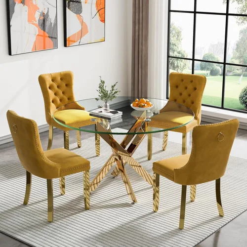 Vista 56 de Juego de mesa de comedor SSLine moderno de 3 piezas con mesa redonda de vidrio para 2, lujosa mesa de comedor circular de 36" con tapa de vidrio