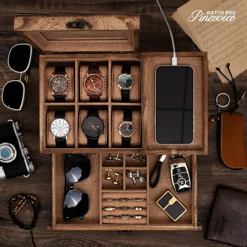 Vista 2 de Pinzoveco Caja Organizadora de Relojes para Hombres, Caja de Joyería para Hombres de 6 Compartimentos Exhibición y Almacenamiento de Relojes, Caja