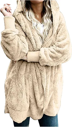 Vista 4 de Womens Jackets Open Front Hooded Coat Oversized Pocket Cardigan Long Sleeve Plush Clothes Warm Pullover Winter Outfits