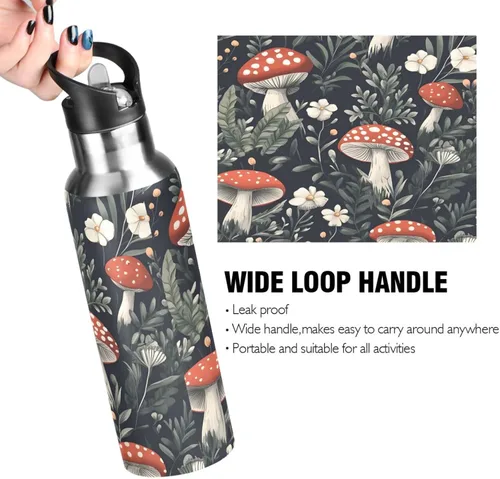 Vista 4 de Insulated Water Bottle 32 Oz, Leakproof Water Bottles for Gym Outdoor Travel School, Red Mushrooms White Flowers