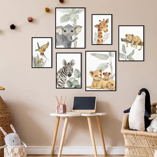 Vista 2 de HLJ ART Arte de pared para guardería de animales de safari: decoración de pared de guardería de bosque, juego de 6, imágenes de animales de bebé