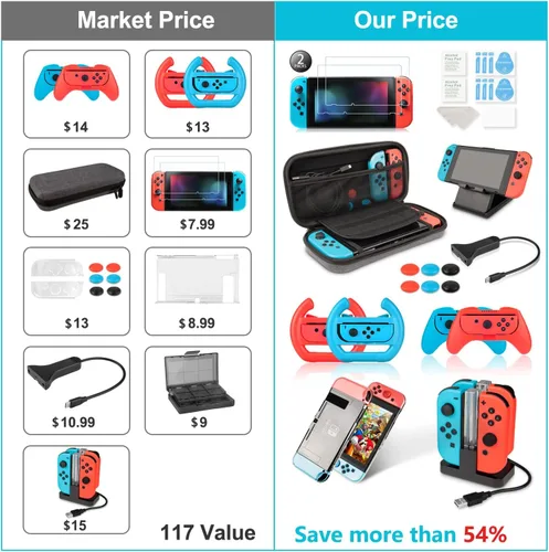 Vista 3 de Keten Kit de accesorios para interruptor NS incluye funda de transporte base de carga soporte de juego cable de extensión funda de tarjeta de juego
