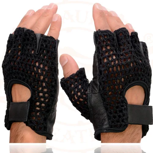 Vista 3 de Milwaukee Leather SH219 Men’s Black Leather and Mesh Fingerless Gloves with Padded Palm Negro