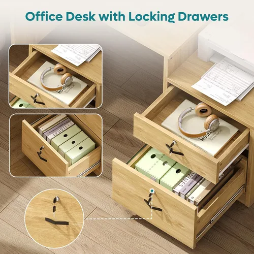 Vista 5 de Bestier Escritorio para computadora de 55 pulgadas con tomas de corriente y luces LED, escritorio de oficina en casa con cajón de archivos