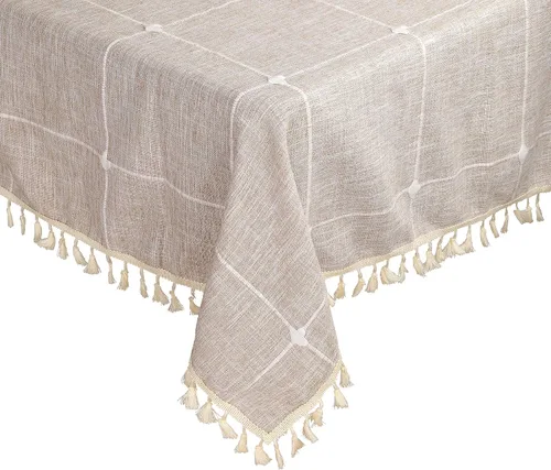 Vista 2 de Mantel rectangular de lino y algodón con borlas para comedor, cocina, decoración de mesa, 36 x 52 pulgadas