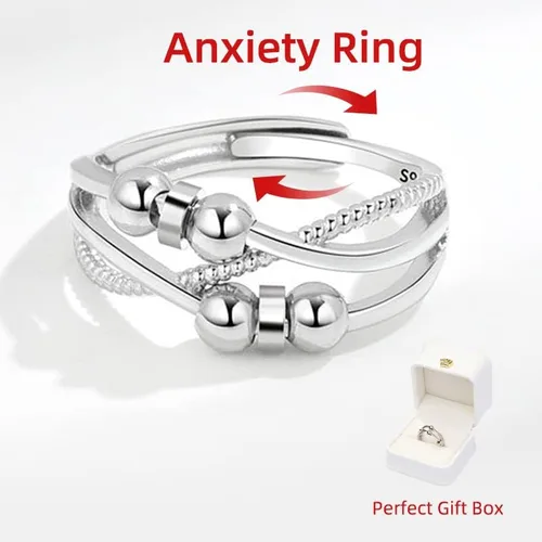 Vista 2 de Anillo de ansiedad para mujer, anillo ajustable de plata de ley 925, anillo giratorio de cuentas con caja de regalo