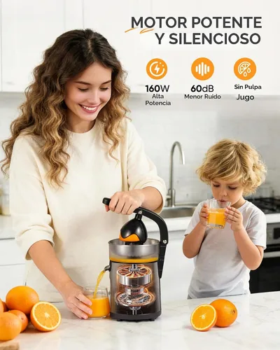 Vista 8 de Exprimidor eléctrico de naranja, exprimidor de cítricos con 2 conos intercambiables, máquina exprimidora eléctrica de 160 W con cuerpo de acero