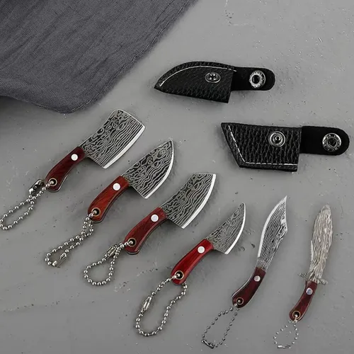 Vista 4 de HAOXU Juego de cuchillos de chef mini de Damasco con vaina, pequeños cuchillos EDC, abridor de paquetes, cortador de cajas, llavero, afilador