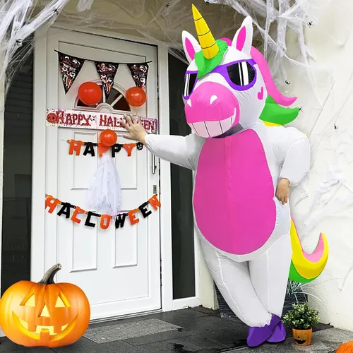 Vista 2 de Camlinbo Disfraz inflable de unicornio de Halloween para adultos, mujeres y hombres, cuerpo completo, disfraz de Halloween, fiesta, cosplay