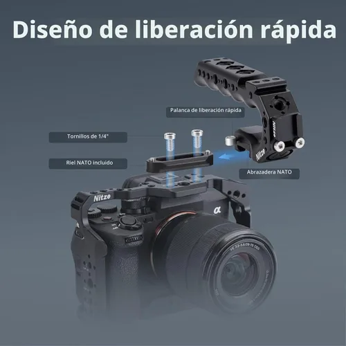 Vista 4 de Nitze Mango Stinger con mango superior para jaula de cámara con abrazadera QR NATO incorporada, PA28-A