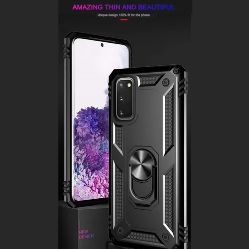 Vista 7 de Androgate Funda para Samsung Galaxy S20 FE con protectores de pantalla de cristal, soporte de anillo de metal de grado militar con soporte de Negro