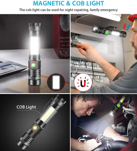 Vista 2 de Linterna magnética LED recargable, súper brillante con luz de trabajo COB, impermeable, 4 modos, linternas tácticas de bolsillo para acampar al aire