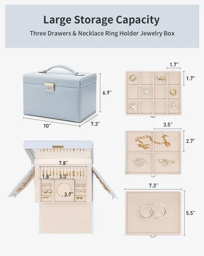 Vista 4 de Vlando Caja organizadora de joyas de terciopelo para mujer, caja de almacenamiento grande de joyería de cuero con cerradura, espejo, 3 cajones