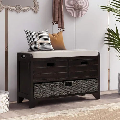 Vista 3 de Merax Banco de zapatos de madera de granja con almacenamiento y cojín de asiento para entrada, pasillo, puerta delantera, espresso
