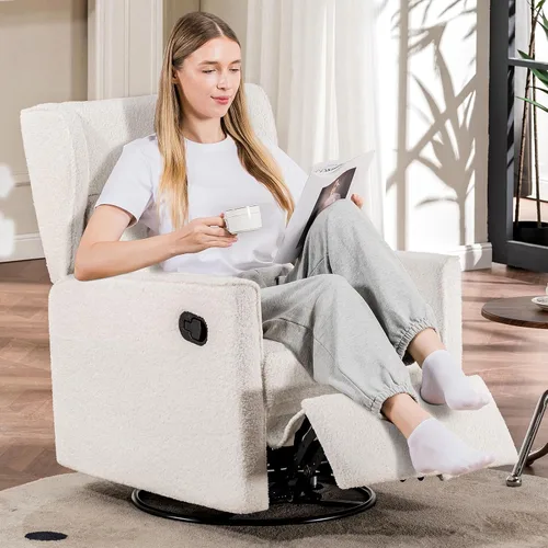 Vista 7 de COMHOMA Mecedora para Cuarto de Bebé Teddy Tapizada Mecedora Giratoria Reclinable Manual Deslizante Silla Reclinable para Sala de Estar Dormitorio