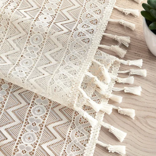Vista 2 de ZJDECOR Cortinas traslúcidas de encaje bohemio de 54 pulgadas de largo, juego de 2 paneles de cortinas con patrón geométrico rústico beige