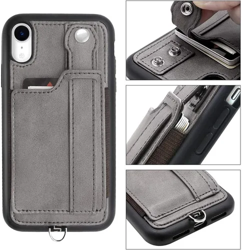 Vista 2 de TOOVREN Funda tipo cartera para mujeres y hombres con tarjetero de cuero (gris, funda para iPhone XR de 6.1 pulgadas)