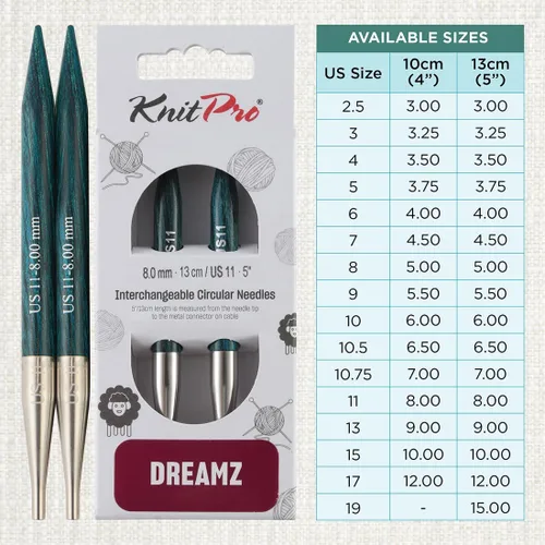 Vista 4 de KnitPro Dreamz - Agujas de punto circulares intercambiables 5" (13cm) Tamaño EE. UU. 11 (8mm)
