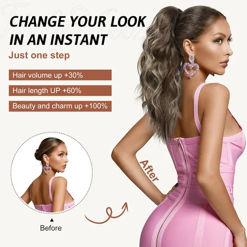 Vista 5 de FLUFYMOOZ Extensión de cola de caballo, extensión de cola de caballo con clip de garra de 18 pulgadas, extensiones de cabello ondulado y rizado