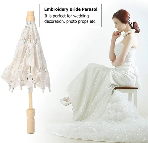 Vista 2 de Paraguas de encaje negro, hecho a mano, plegable, para boda, novia, para mujeres, decoración de fiesta, baile, fotografía, utilería (beige, S)
