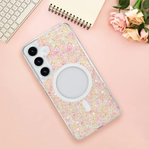 Vista 341 de Bonoma - Funda compatible con Samsung Galaxy S21 Plus, diseño de corazón con purpurina, color rosa Support for MagSafe, Plating Magnetic Case TPU