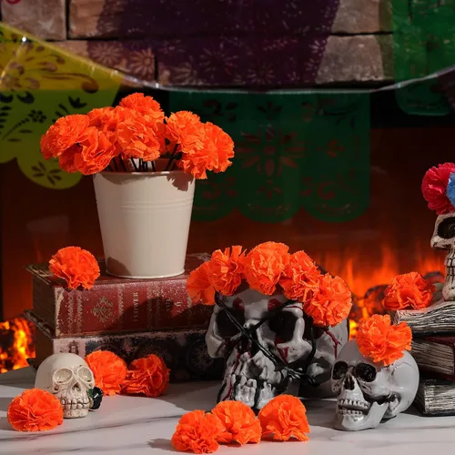 Vista 6 de Cartel de fiesta mexicana de Halloween, 124 unidades, papel picado, Día de los Muertos, banderines de fiesta, Día de los Muertos, flores muertas