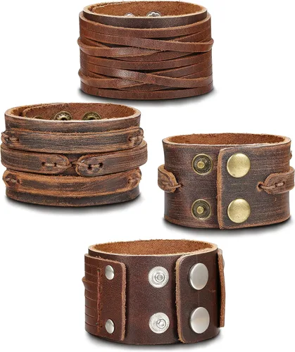 Vista 5 de THUNARAZ 2PCS Leather Cuff Bracelet Wrap Wristband Button Bangle for Men Women Adjustable Wide Brown Belt Punk Bracelet