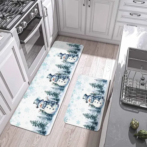 Vista 2 de Juego de 2 tapetes de cocina de Navidad con diseño de muñeco de nieve azul, antideslizantes, para entrada, árbol de Navidad, copos de nieve, tapete