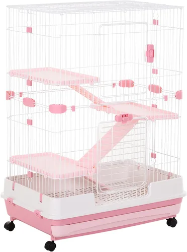 Vista 10 de Jaula para animales pequeños de 6 niveles PawHut con ruedas, bandeja extraíble, plataforma y rampa para conejos, chinchillas, hurones, color negro