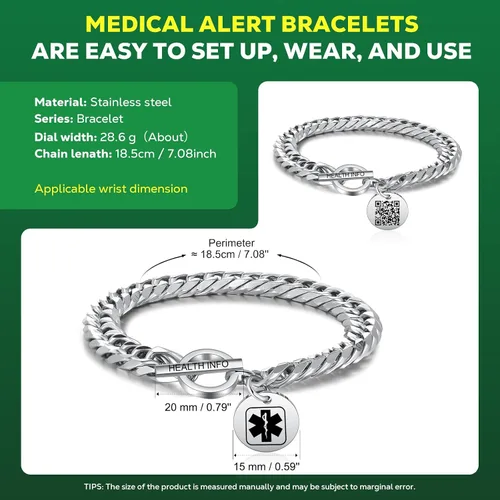 Vista 3 de Pulseras de identificación médica con código QR mejoradas para mujeres, pulsera de alerta médica - Cadena de eslabones de 7'' 9'' de plata de ley