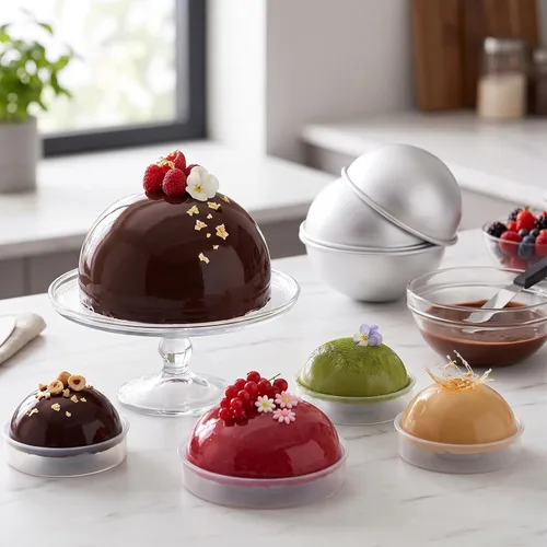 Vista 4 de Juego de 4 latas hemisféricas para pasteles de 2 pulgadas con bases, moldes para pasteles de bolas, molde de aluminio para pasteles hemisferios