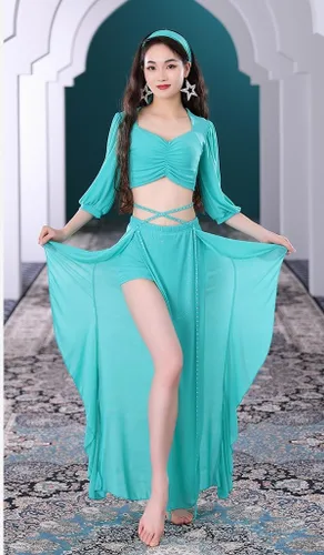 Vista 5 de Disfraces de danza del vientre para mujer, camiseta corta y falda de baile con abertura, carnaval, Halloween, trajes de danza del vientre, tallas S-L