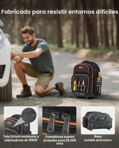 Vista 3 de VEVOR Mochila para herramientas rodantes, capacidad de carga de 110 libras, 45 bolsillos, bolsa de herramientas resistente sobre ruedas, mango