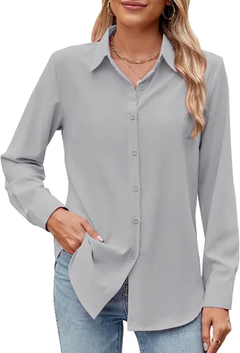 Vista 6 de Camisa de manga larga con botones para mujer, ultra suave, elástica, sin arrugas, para trabajo, casual, negocios, oficina