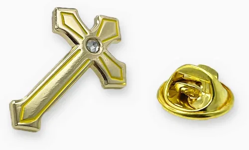 Vista 6 de PINVANA Pin de solapa de cruz religiosa esmalte dorado con diamantes de imitación