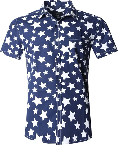 Vista 8 de Camisa de vestir de manga corta para hombre, ajuste regular, con botones, casual, con estampado único Grandes estrellas de la marina