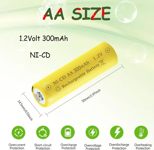 Vista 6 de Baterías recargables de 1.2 voltios AA 300mAh NI-CD para luces decorativas solares al aire libre, luces de velas, 8 paquetes
