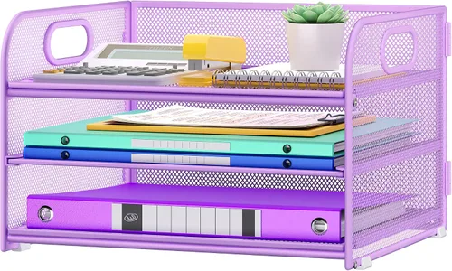Vista 11 de Cawukege Organizador de papel de 3 niveles con asa, organizador de escritorio de metal, bandeja de cartas de papel de malla, carpeta de archivos