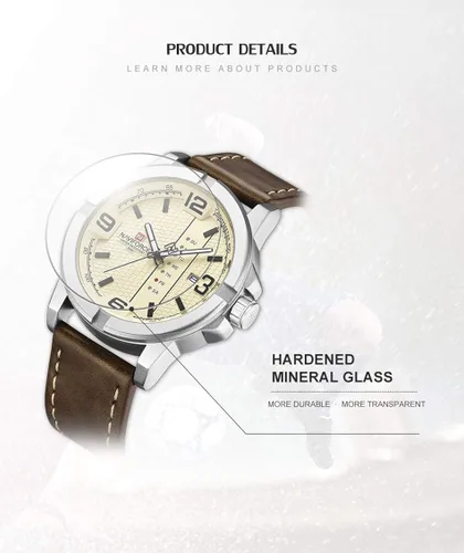 Vista 5 de NAVIFORCE Date Quartz Men Casual Militar Sports Japón Movimiento de cuarzo Relojes de pulsera de cuero genuino plata